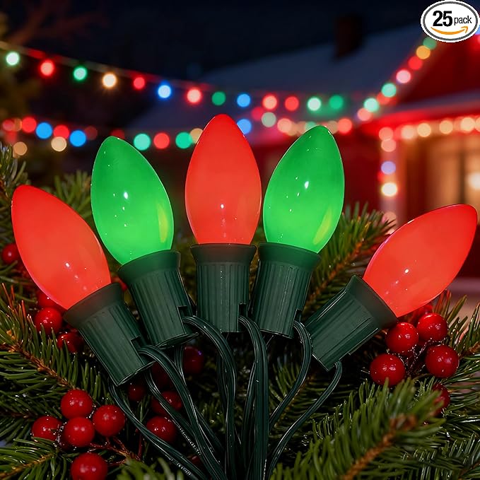 Abeja 25Ft C7 Christmas String Lights Outdoor, Vintage With 27 Red Green Edison Bulbs, Connectable Classic for | Lumora