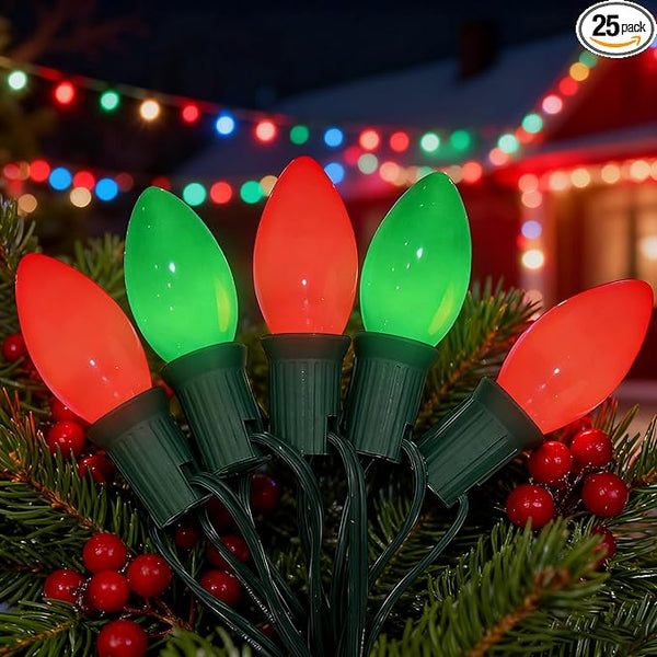 Abeja 25Ft C7 Christmas String Lights Outdoor, Vintage With 27 Red Green Edison Bulbs, Connectable Classic for | Lumora