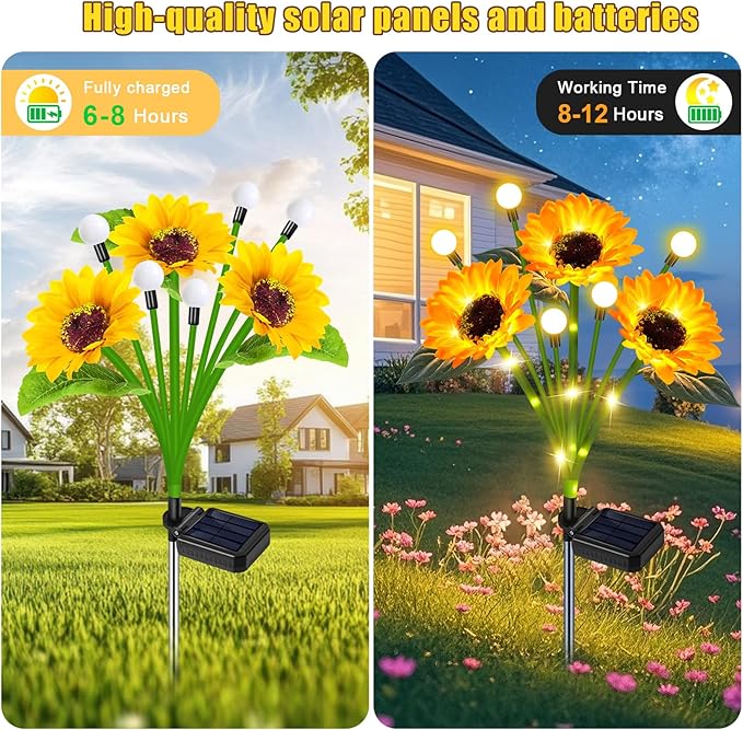 4 Pack Solar Sunflower Lights Outdoor Garden Decor, Upgraded with Firefly Lights, Waterproof Solar Flower Stake for Outside Yard Lawn Backyard, Gardening Gifts for Women Mom Grandma