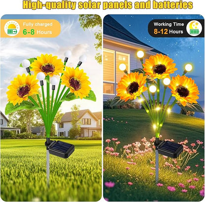 4 Pack Solar Sunflower Lights Outdoor Garden Decor, Upgraded with Firefly Lights, Waterproof Solar Flower Stake for Outside Yard Lawn Backyard, Gardening Gifts for Women Mom Grandma