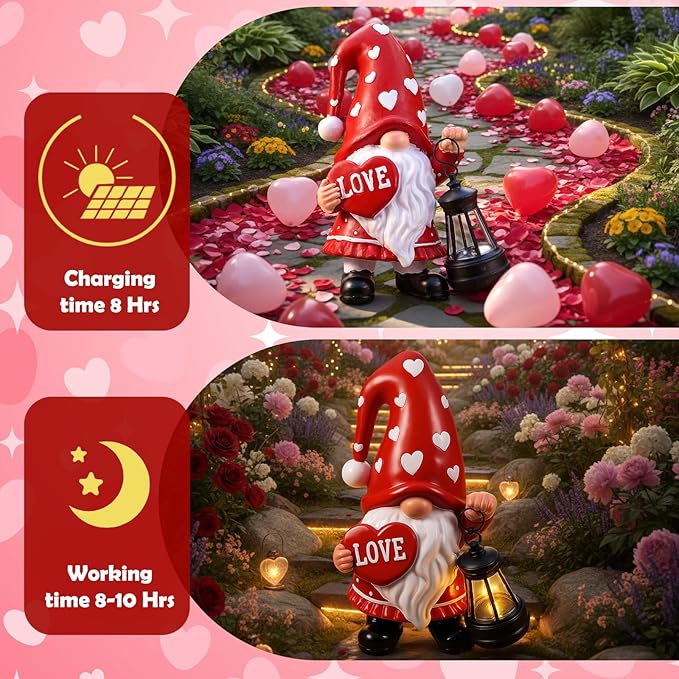Retisee Solar Valentine's Day Garden Statue Resin Gnome Statue with Hearts LED Lights Outdoor Love Solar Light | Lumora