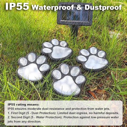 Animal Paw Print Solar Lights Outdoor Garden Decor, 4 Pack Paw Print Lights with Cord, IP55 Waterproof Yard Pathway Decor Light, Cold White Color Light, New Home Birthday Christmas Gift