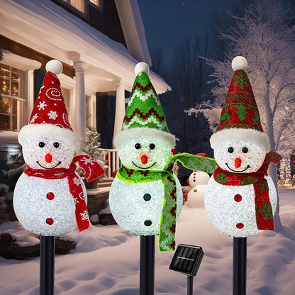 Solar Christmas Pathway Lights Outdoor Decor, Set of 3 Led Snowman Stake Lights, Waterproof Walkway Landscape Light for Winter Yard, Garden, Solar Christmas Decorations