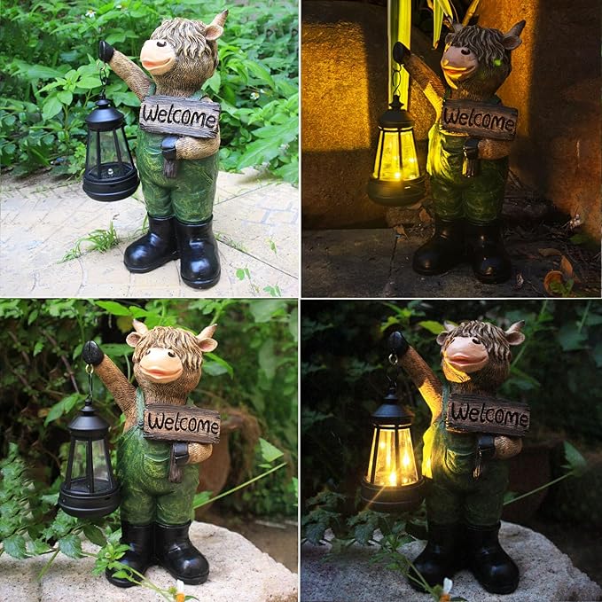 Solar Garden Decor Statues: Handmade Resin Statue with LED Light,Highland Cow Figurine Outdoor Garden Decor Unique | Lumora