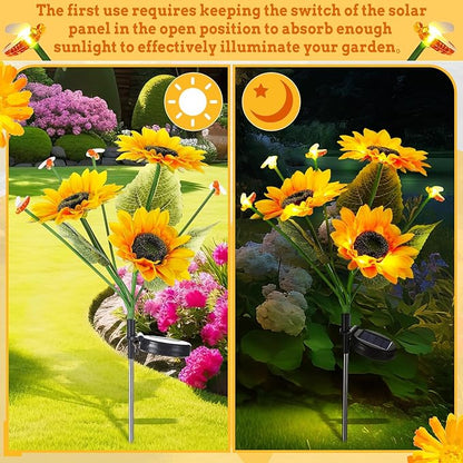 Hortsun 2 Pack Sunflower Bee Solar Lights Outdoor Decor Waterproof Solar Lights with 6 Sunflower and 8 Bee for Yard Front Yard Garden Lawn Patio Outside Decor