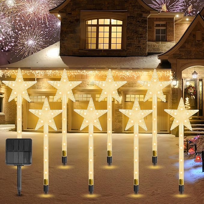 Solar Christmas Decorations Outdoor-8 Pack 64 Warm White LED Star Pathway Lights with 8 Modes IP64 Waterproof Xmas Decoration for Garden Patio Yard Porch Driveway