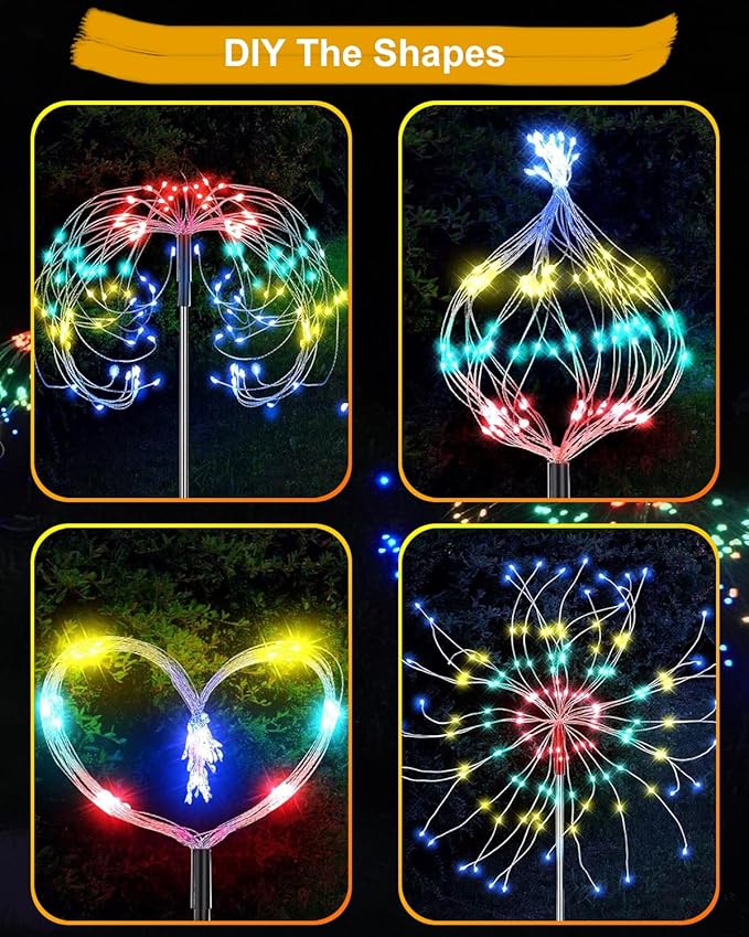 Solar Firework Lights Outdoor Waterproof 2Pcs 150 LED with 8 Modes DIY Stake Landscape Light for Outside Garden Yard Pathway Party Decor Christmas Decoration Solar Starburst Lights Multicolor