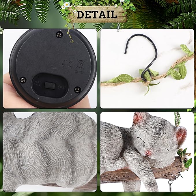 Solar Lighted Garden Outdoor Statue, 22.6" H Hanging Swing Lying with A Sleeping Cat and A LED Lantern, Resin | Lumora