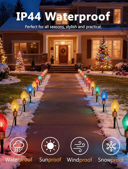 Jumbo C9 Christmas Pathway Lights Outdoor, 6.5Ft C9 Giant Christmas Walkway Lights with 4 LED Strawberry Multicolor Bulbs, Jumbo Yard Decoration Stakes Lights for Outside Lawn Garden Driveway Holiday