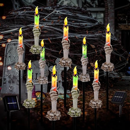 Halloween Pathway Lights, 10 Pack Skull Hand Candle Holder, LED Halloween Decor Candle Lights Solar Powered, Indoor & Outdoor Party Home Garden Porch Decoration
