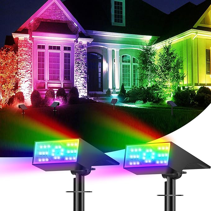 Solar Color Changing RGB Spot Lights Outdoor, 2 Pack/7 Lighting Modes Multicolor Outdoor Lights for Yard Waterproof | Lumora