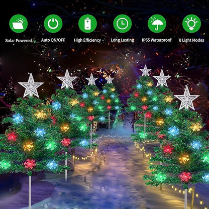 Christmas Decorations Outdoor 4 Sets Solar Christmas Tree with 80pcs Multi-Color C6 Snowflake Led Lights 8 Lighting Modes Waterproof Pathway Lights for Outside House Garden Yard
