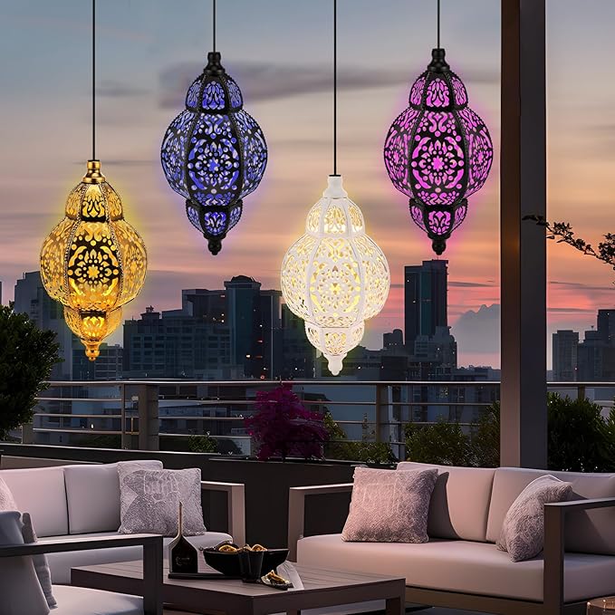4 Pcs Hanging Solar Lights Moroccan Outdoor Decor Solar Lantern Waterproof Metal Moroccan Decorations for New Year Thanksgiving Patio Pathway Yard Porch Backyard Garden