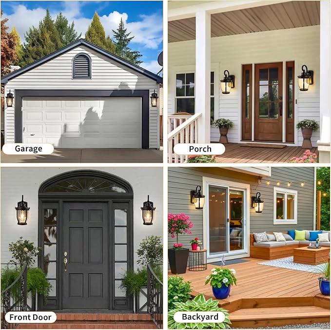 Outdoor Wall Light Fixtures 2packs Exterior Porch Lights 12.7" Lantern Sconce with Seeded Glass Shade Wall Mount Outside Lights for Garage Front Door Pathways Balcony Patio Cafes Black