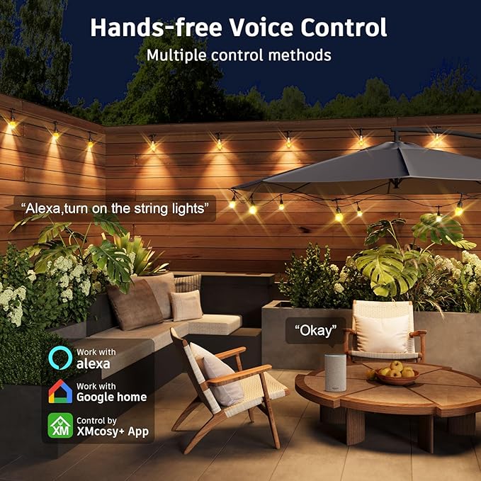 XMCOSY+ Smart Outdoor String Lights - 123ft RGBCWIC Patio Lights with 40 Color Changing Bulbs, LED String Light for | Lumora
