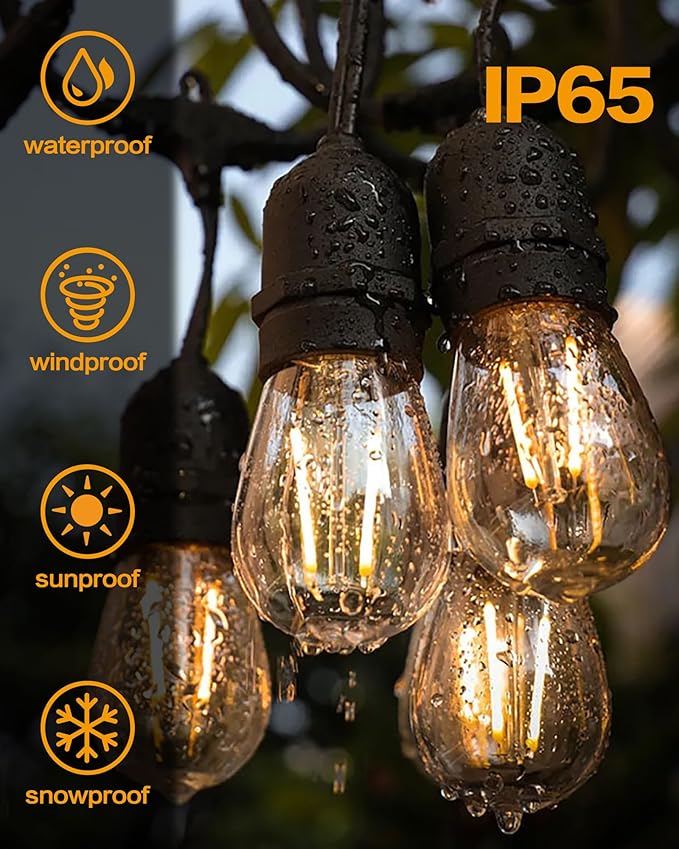 Outdoor String Lights, Super Bright LED - 48FT 15 S14 Bulbs (1 Spare), IP65 Waterproof, Commercial Grade & Shatterproof, Dimmable, UL Listed for Patio, Porch, Backyard, Gazebo