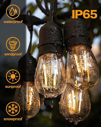 Outdoor String Lights,Super Bright LED - 96FT 30 S14 Bulbs(2 Spare), IP65 Waterproof, Commercial Grade & Shatterproof, Dimmable, UL Listed for Patio, Porch, Backyard, Gazebo (2 Pack 48FT)