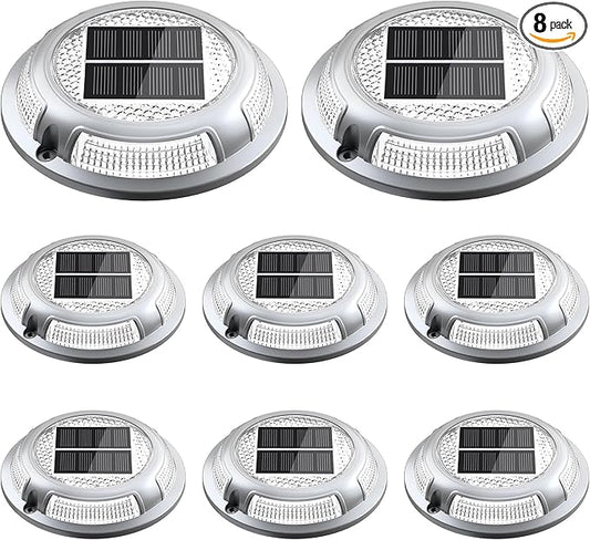 Solar Driveway Lights, 8 Pack Heavy Duty Driveway Lights Solar Powered 2 Color Mode (Cool/Warm White) IP68 Waterproof Outdoor Solar Deck Lights with Ground Stake for Pathway Garden Yard Walkway Dock