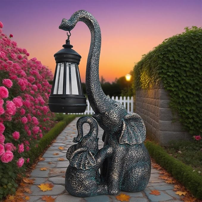 Solar Elephant Statue Light Outdoor, Garden Decor Elephant Figurine with Baby, Waterproof, Durable, Outdoor Decorations Statue for Balcony, Patio, Yard, Lawn, Pathway, Gift