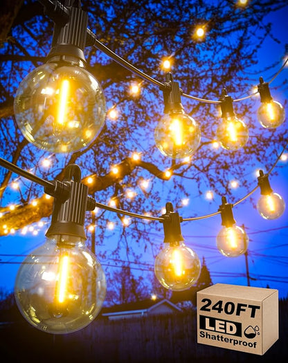 Outdoor String Lights Waterproof, 240FT Patio Lights with 124 Shatterproof G40 Globe Bulb(4 Spare), Connectable Dimmable Hanging LED String Lights for Outside Backyard Porch Balcony(120FTx2)