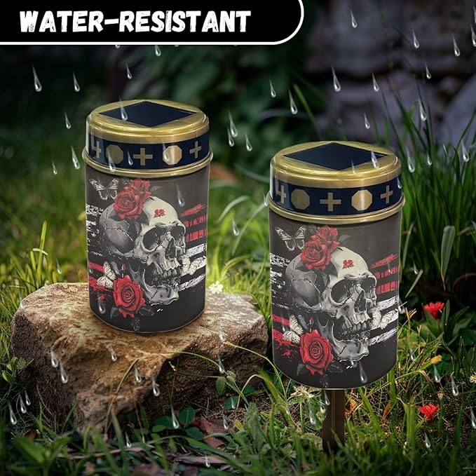 Skull Rose Flag Cemetery Solar Lights Solar Powered Garden Stake Lights Decorative Lights for Cemetery Grave Yard | Lumora