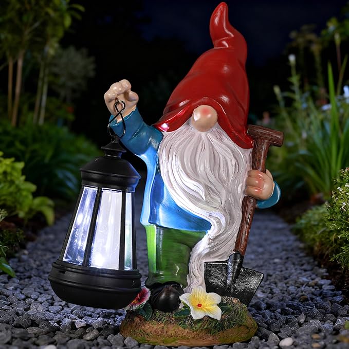 Gnome Garden Decor Statue with Lantern, Solar Gnomes Outdoor Decorations with LED Lights, Lawn Decor Yard Ornament for Patio Balcony, Valentine's Day Birthday Gift for Mom Grandma