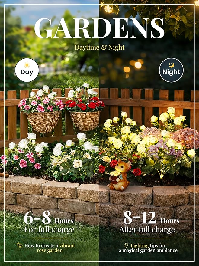 GIGALUMI Solar Lights Outdoor for Garden Decor, 4 Pack Solar Flower Lights Waterproof, 2 Lighting Modes 28 Rose Flowers for Pathway,Yard, Patio Decoration, Gardening Gifts for Women (White)