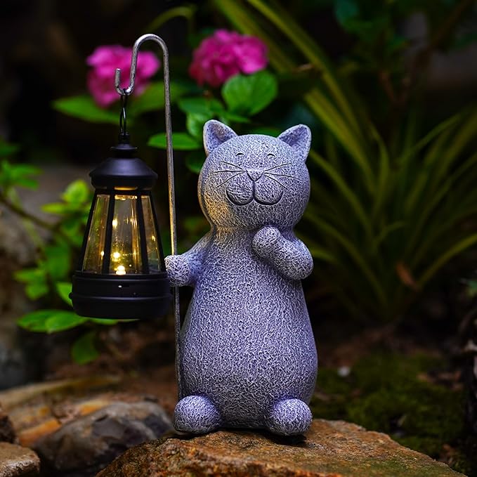 Qeeman Solar Cat for Garden Decor: Weatherproof Resin Statues with Lantern for Outdoor Outside Yard Pathway Patio Porch Balcony Decorations - Gifts for Mom Grandma Cat Lovers