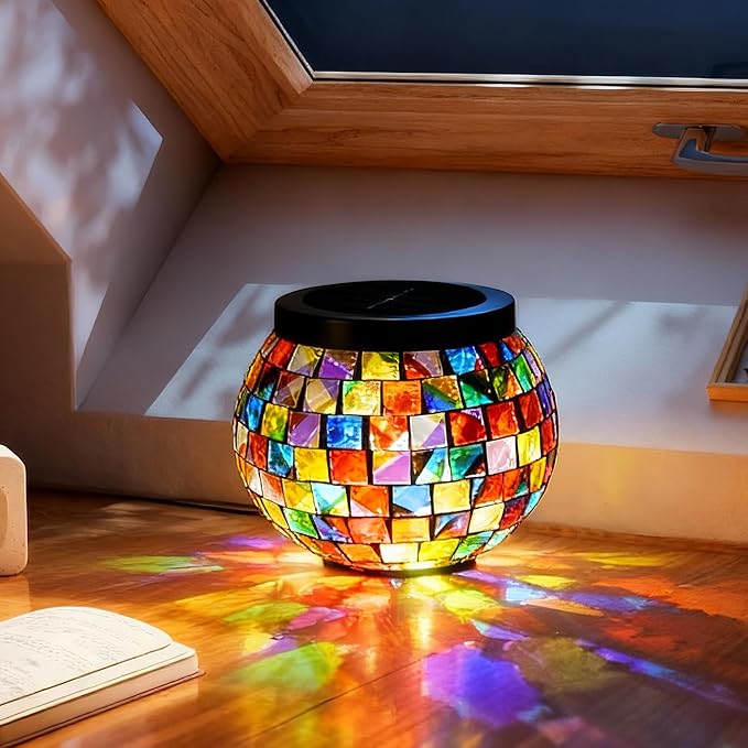 Cooo 4 Pack Valentines Day Gifts for Him Her Landscape Lighting Path Lights Heavy Solar Mosaic Lantern with RGB Color-Changing Light – Dual Solar Panels, Red Amber Glass Tiles, Waterproof Outdoor