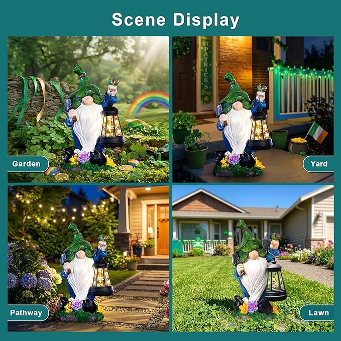 Solar Garden Gnome Statue – St Patrick’s Day Outdoor Decorations Funny Leprechaun Figurine with LED Lantern Waterproof Resin Leaf Hat Dwarf Sculpture for Patio Lawn Yard Art and Housewarming Gift