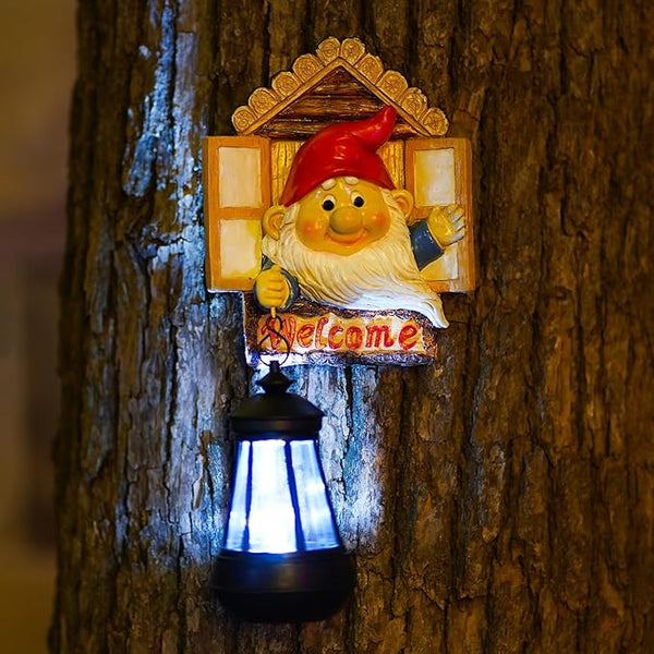 Gnome Tree Hugger with Solar Lantern - 10.6 Inch Resin Gnome Statue for Outdoor Garden Decor, Ideal Gnome Gifts and | Lumora