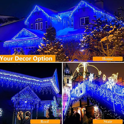 Joomer Christmas Icicle Lights - 33FT Plug in String Lights Waterproof, 8 Modes Timer Connectable Outdoor String Light for Christmas Party, Eaves, Roofs, Xmas Decorations (Blue)