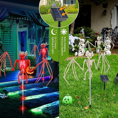 2PCS of Set Solar Garden Lights Outdoor for Halloween Decorations,3D RED Scary Bat Realistic Skeleton Decor for Halloween Party Decor,Solar Bats Path Lights for Lawn/Porch/Creepy Grave Décor