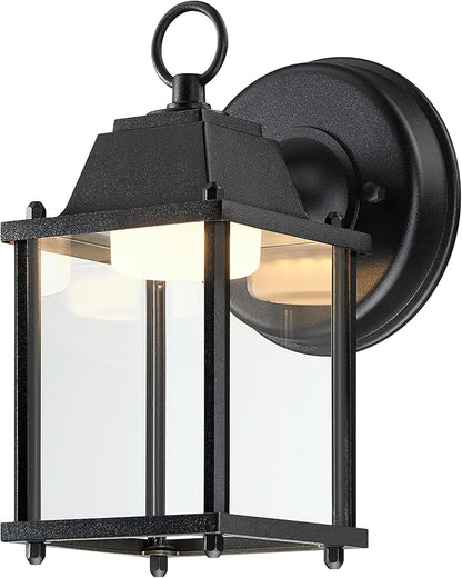 LIT-PaTH Outdoor LED Wall Lantern, Wall Sconce as Porch Lighting Fixture, 3000K Warm White, 9.5W 800 Lumen, Aluminum Housing Plus Glass, Black Finish, 1-Pack