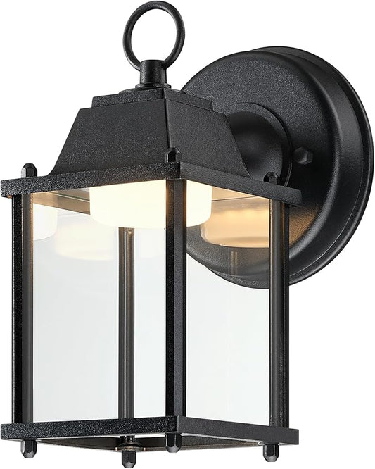 LIT-PaTH Outdoor LED Wall Lantern, Wall Sconce as Porch Lighting Fixture, 3000K Warm White, 9.5W 800 Lumen, Aluminum Housing Plus Glass, Black Finish, 1-Pack
