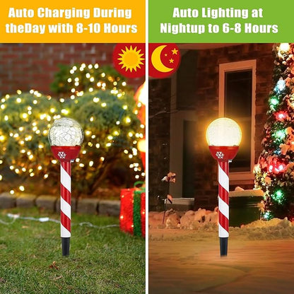 6 Pcs Christmas Solar Pathway Lights Outdoor Stainless Steel Solar Candy Cane Path Torch Lights for Yard Patio Garden Outside Walkway Driveway Landscape Stakes Xmas Outdoor Decorations
