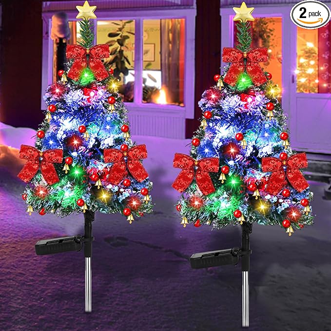 2 Pack 32 inch Solar Xmas Tree Light Outdoor Tree with 20 LED Lights Waterproof Christmas Pathway Light Solar Christmas Decorations for Yard Garden Lawn Walkway