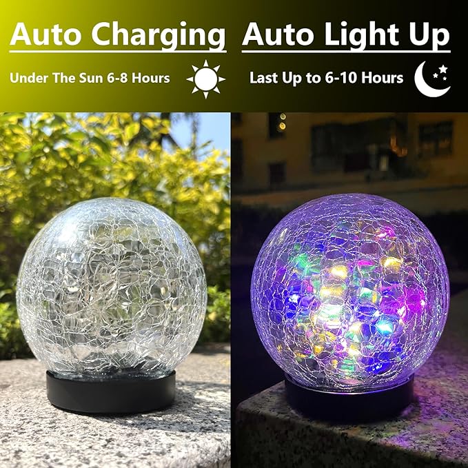 2 Pack 60LED Solar Globe Lights Outdoor Waterproof 4.7in Cracked Glass Solar Balls Lights for Outside Yard Pathway Patio Lawn Landscape Decor Ground for Christmas Holiday Decor w/ Box ( Glass White)