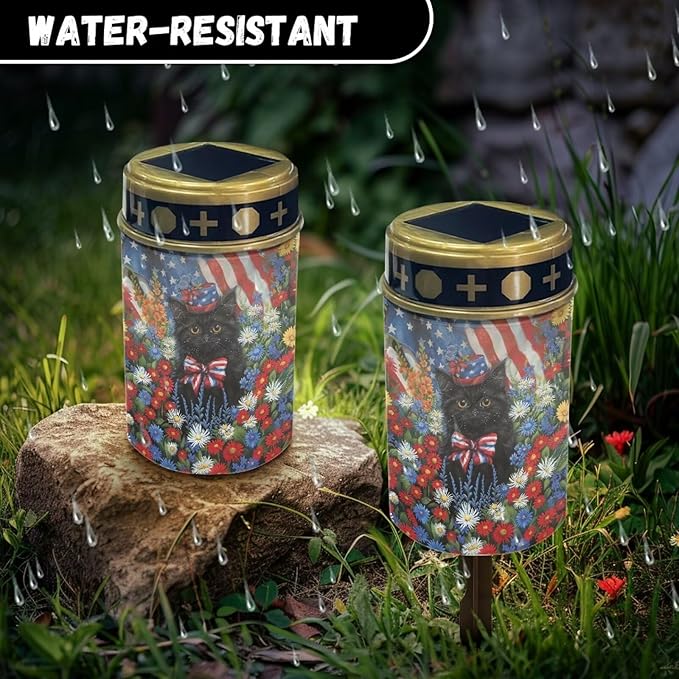 USA Flag Black Cat Solar Lights Outdoor Garden, Waterproof Solar Powered Stake Lights, Christmas Birthday Gifts for Grave Dad Grandma Garden Yard Gravesite Decorations