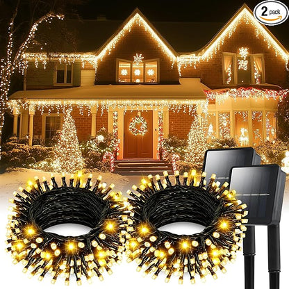 Dailyart Solar String Lights Outdoor, 2 Pack 100 LED (2 x 50FT) Solar Fairy Lights Waterproof IP44 with 8 Lighting Modes & Auto On/Off, 600mAh Battery Warm White for Garden Patio Yard Trees