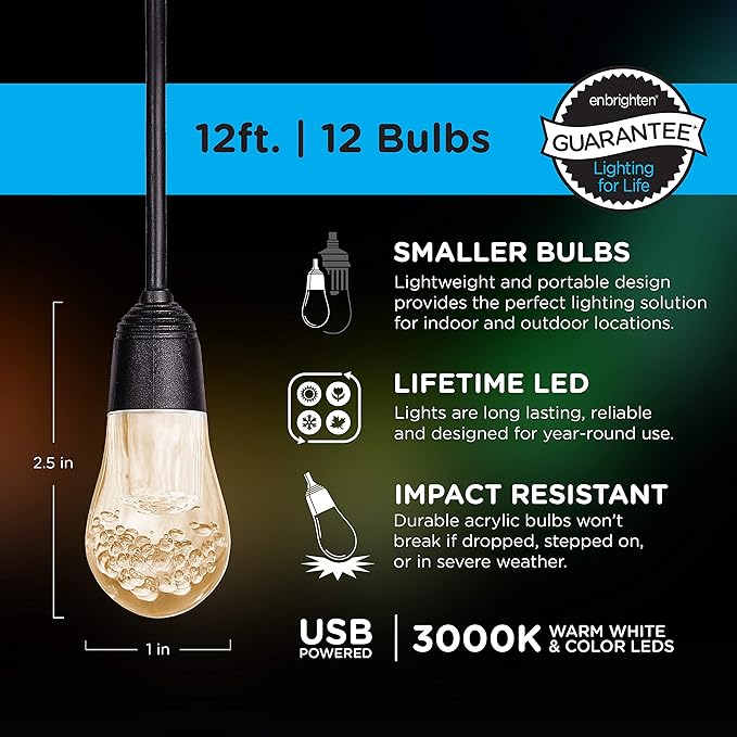 Enbrighten USB Color Changing String Lights with Solar Panel, 12ft Black Cord, 12 Acrylic Bulbs, Weatherproof | Lumora