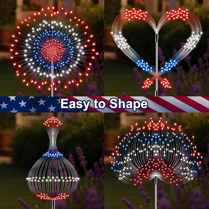 4th of July Decorations Firework Solar Lights Outdoor, 8 Modes & Timer Remote Red White and Blue Patriotic Lights with 180 LED for Garden Yard Patio Pathway Lawn Fourth of July Decor(2 Set of 2 Pack)