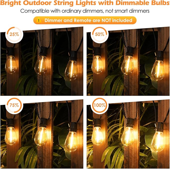 96FT LED Outdoor String Lights, Waterproof Patio Lights with 30+2 2700K Dimmable Shatterproof Edison Hanging Bulbs for Backyard Party-Black