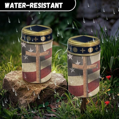 American Flag Solar Dusk to Dawn Lights Outdoor Waterproof Solar Memorial Lights for Graves Eternal Light Solar Powered Lighted Cross,Cemetery Decor Candle Lamp