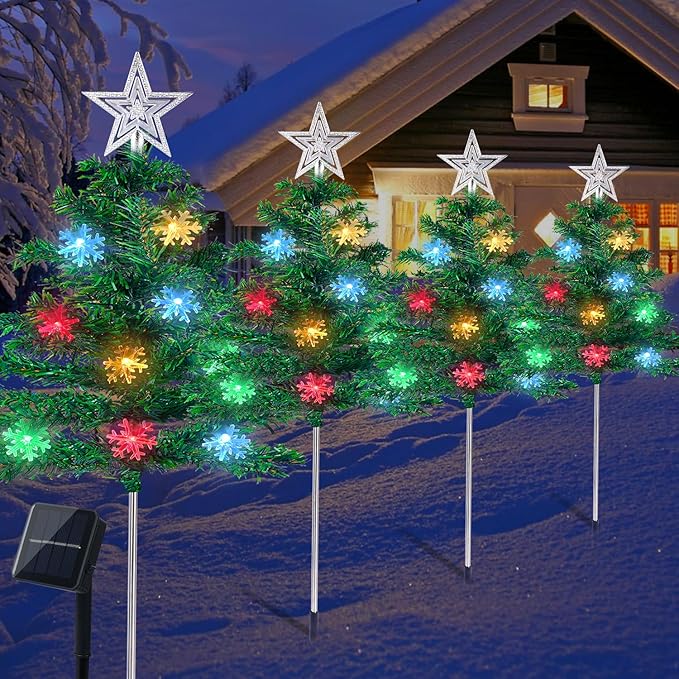 Christmas Decorations Outdoor 4 Sets Solar Christmas Tree with 80pcs Multi-Color C6 Snowflake Led Lights 8 Lighting Modes Waterproof Pathway Lights for Outside House Garden Yard