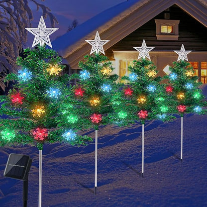 Christmas Decorations Outdoor 4 Sets Solar Christmas Tree with 80pcs Multi-Color C6 Snowflake Led Lights 8 Lighting Modes Waterproof Pathway Lights for Outside House Garden Yard