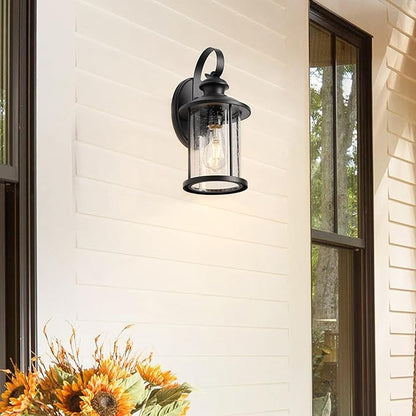 MICSIU 13.75-Inch Large Outdoor Wall Lantern, Matte Black Exterior Wall Sconce with Clear Seedy Glass, Anti-Rust Waterproof Outside Light Fixture for House, Porch, Garage, Front Door, E26 Base