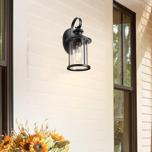 MICSIU 13.75-Inch Large Outdoor Wall Lantern, Matte Black Exterior Wall Sconce with Clear Seedy Glass, Anti-Rust Waterproof Outside Light Fixture for House, Porch, Garage, Front Door, E26 Base