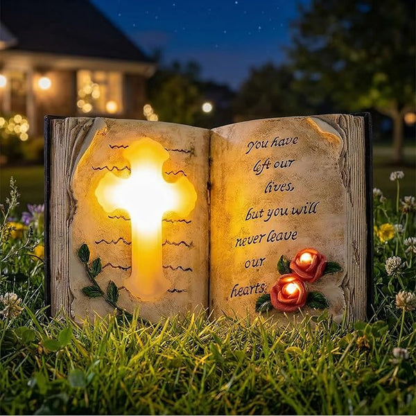 Outdoor Solar Memorial Cross Stakes Lights, Waterproof Book Statue Grave Decorations Sympathy Gifts for Cemetery | Lumora