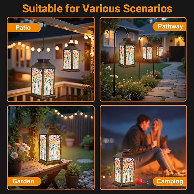 Solar Lantern Outdoor Waterproof Boho Rainbow Cute Colorful Dots Arches Dotted Patterns Gradient Garden Decor LED Solar Lights Hanging/Tabletop Lamp Gifts for Women Mom for Outside Yard Patio